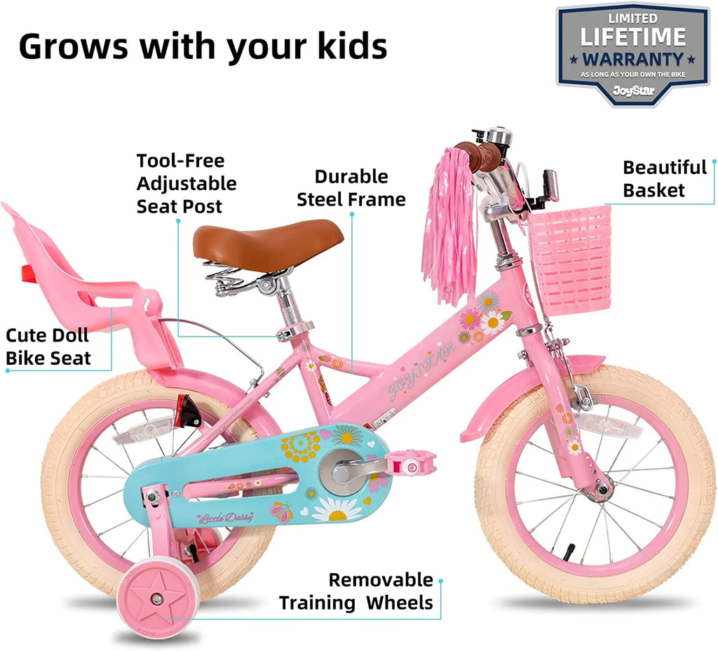 16 inch Kids Bike with Handbrake Training Wheels Basket Pink X100