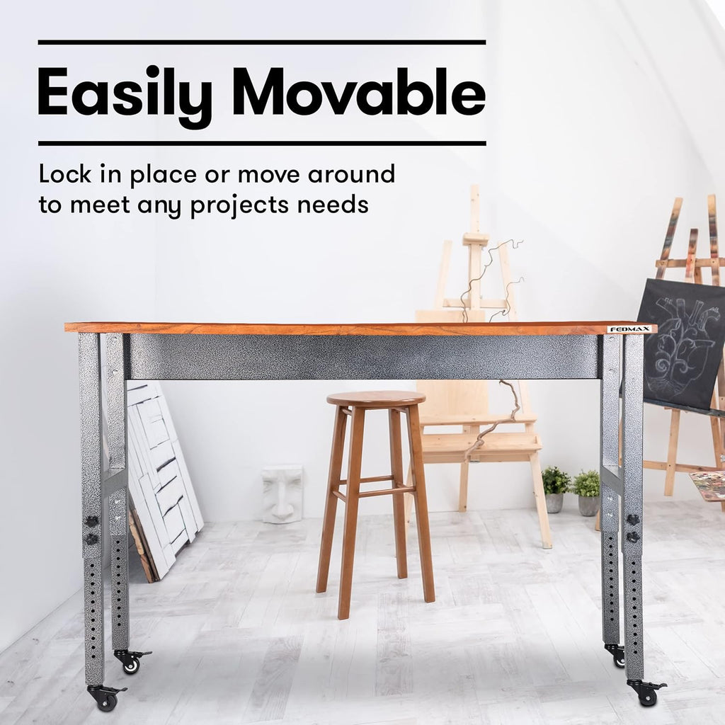 48 Wide Rolling Metal Workbench with Acacia Top C8925