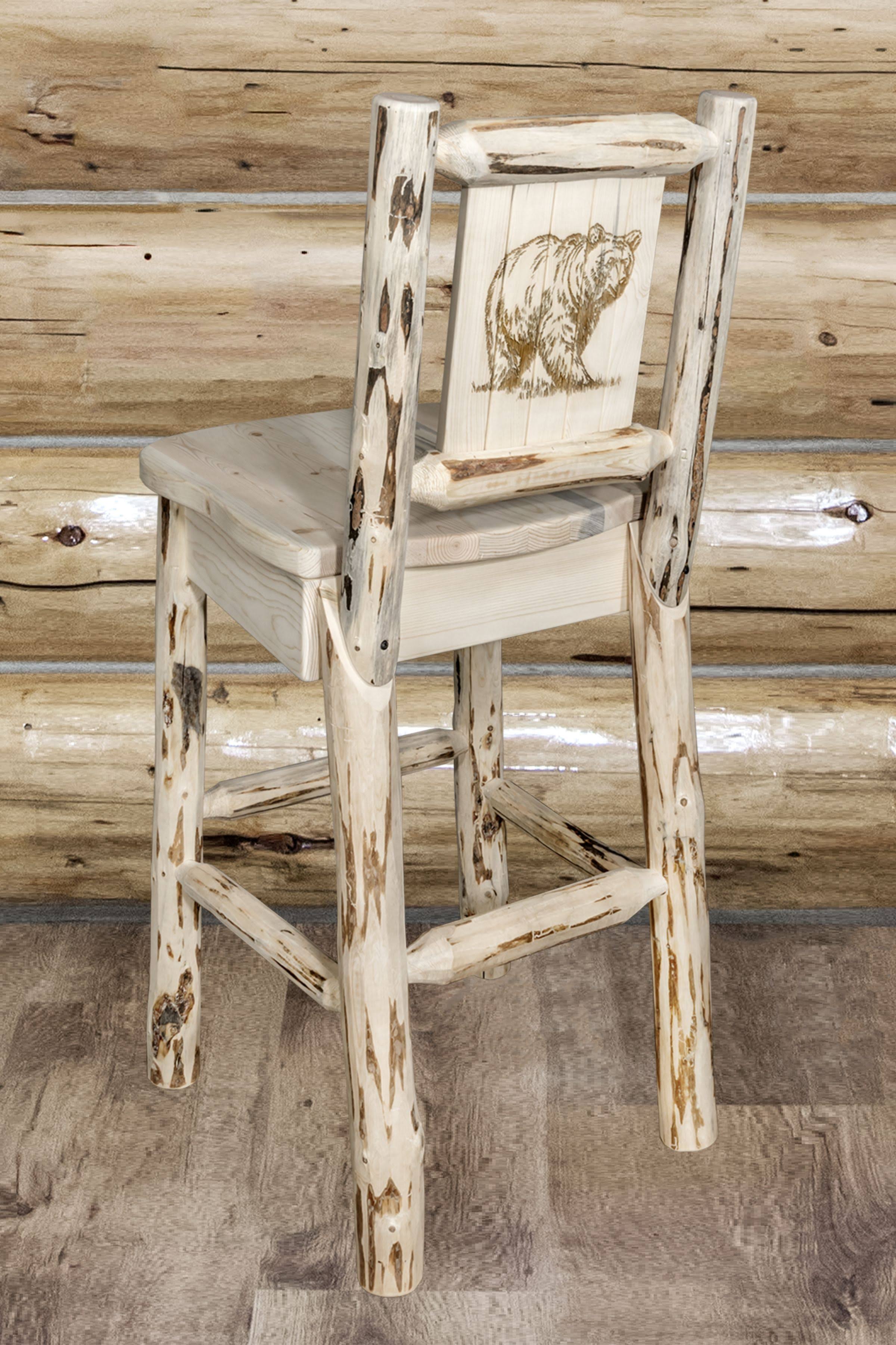 Clear Lacquer Counter Height Barstool with Laser Engraved Bear Design F664
