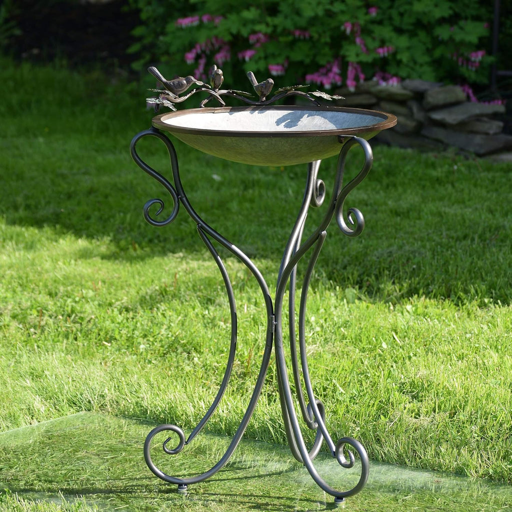 Galvanized Birdbath with Cast Iron Bird Accents X882764