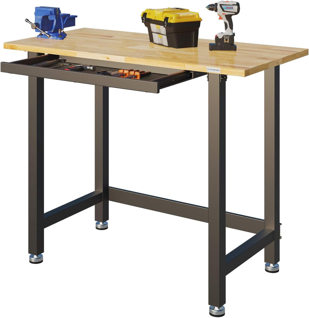 Work Bench with Drawer, 48 x 24 inch, Rubber Wood Top, Heavy-Duty Steel Frame B1777
