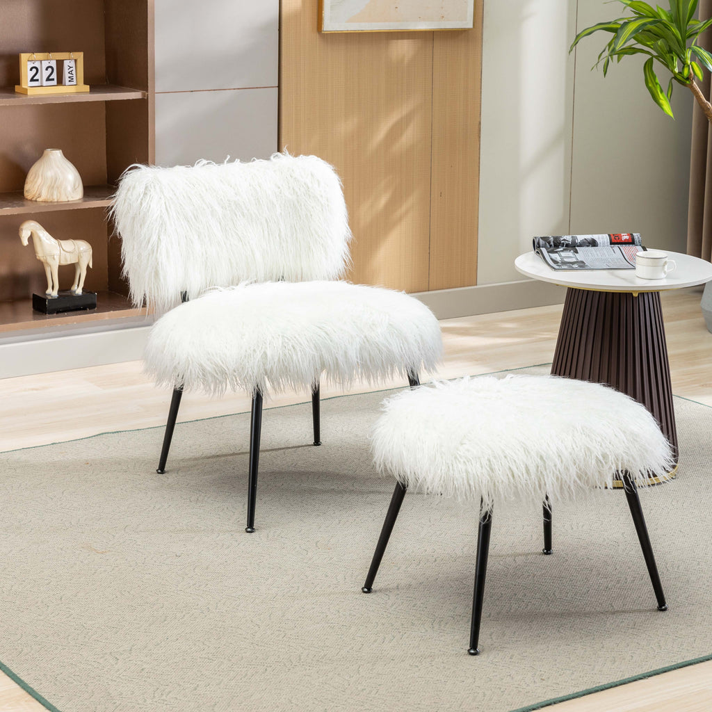 Ivory Faux Fur Plush Accent Chair With Ottoman X729132