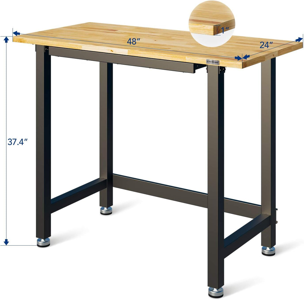 Work Bench with Drawer, 48 x 24 inch, Rubber Wood Top, Heavy-Duty Steel Frame B1777