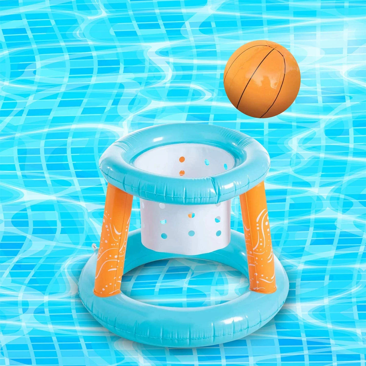 2-in-1 Floating Pool Volleyball Set & Basketball Hoop with Net, Weight Bags, Inflatable, Light Blue A2056