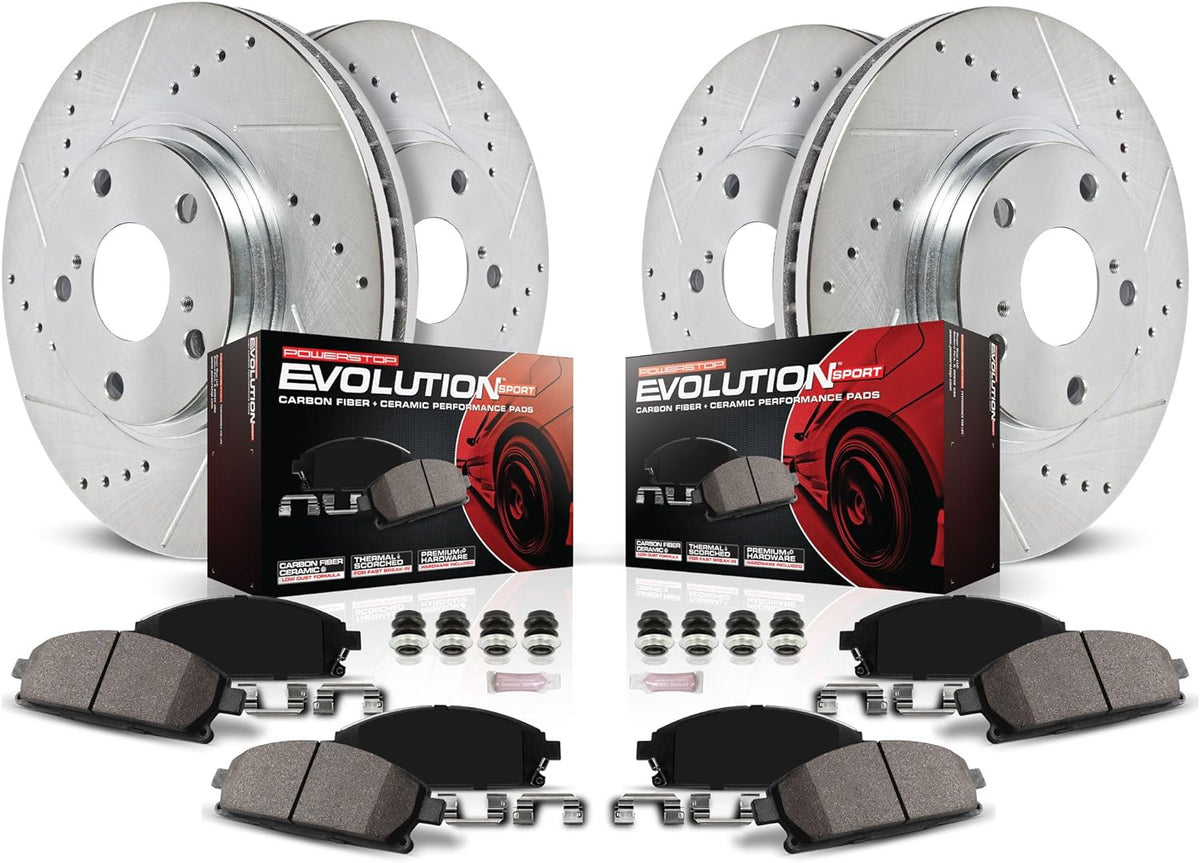 Front and Rear Carbon Fiber Brake Pads with Drilled & Slotted Brake Rotors Kit P5387