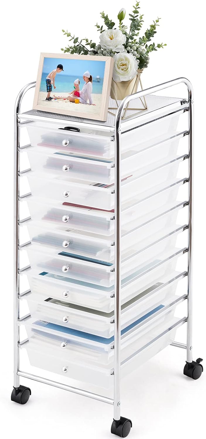Black Rolling Drawer Cart with 10 Drawers, Metal Frame E567