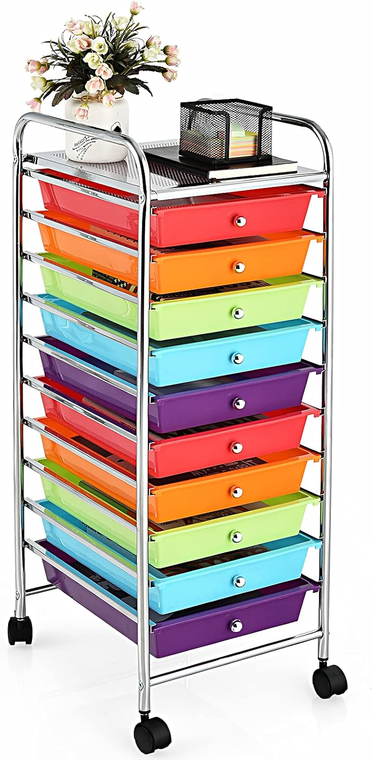 Black Rolling Drawer Cart with 10 Drawers, Metal Frame E567