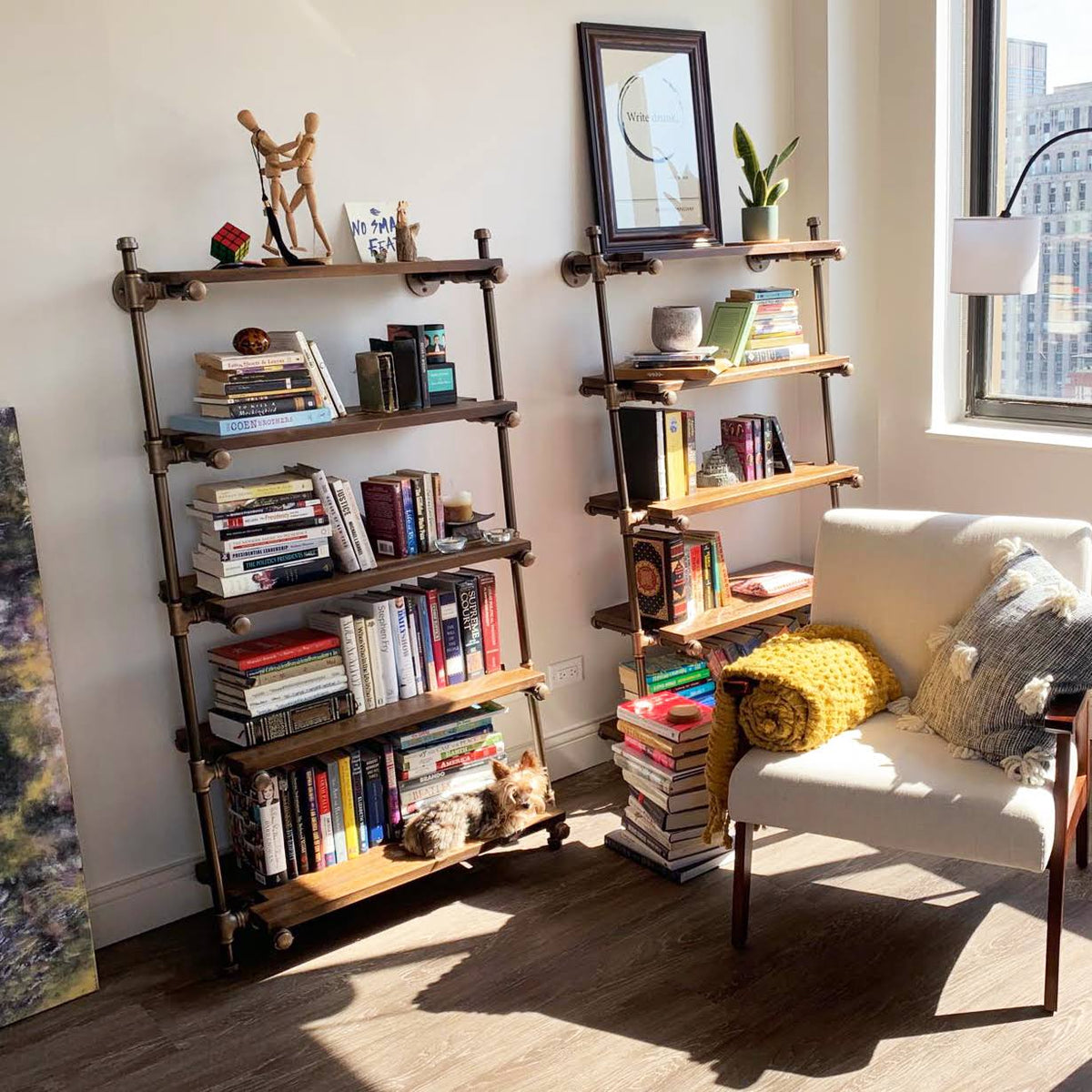 35-Inch Leaning Bookcase Brass Gray Metals with Natural Wood E5037