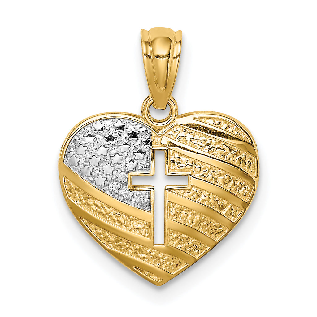14K Two-Tone Gold Rhodium USA Flag Cross Heart Pendant Necklace S727