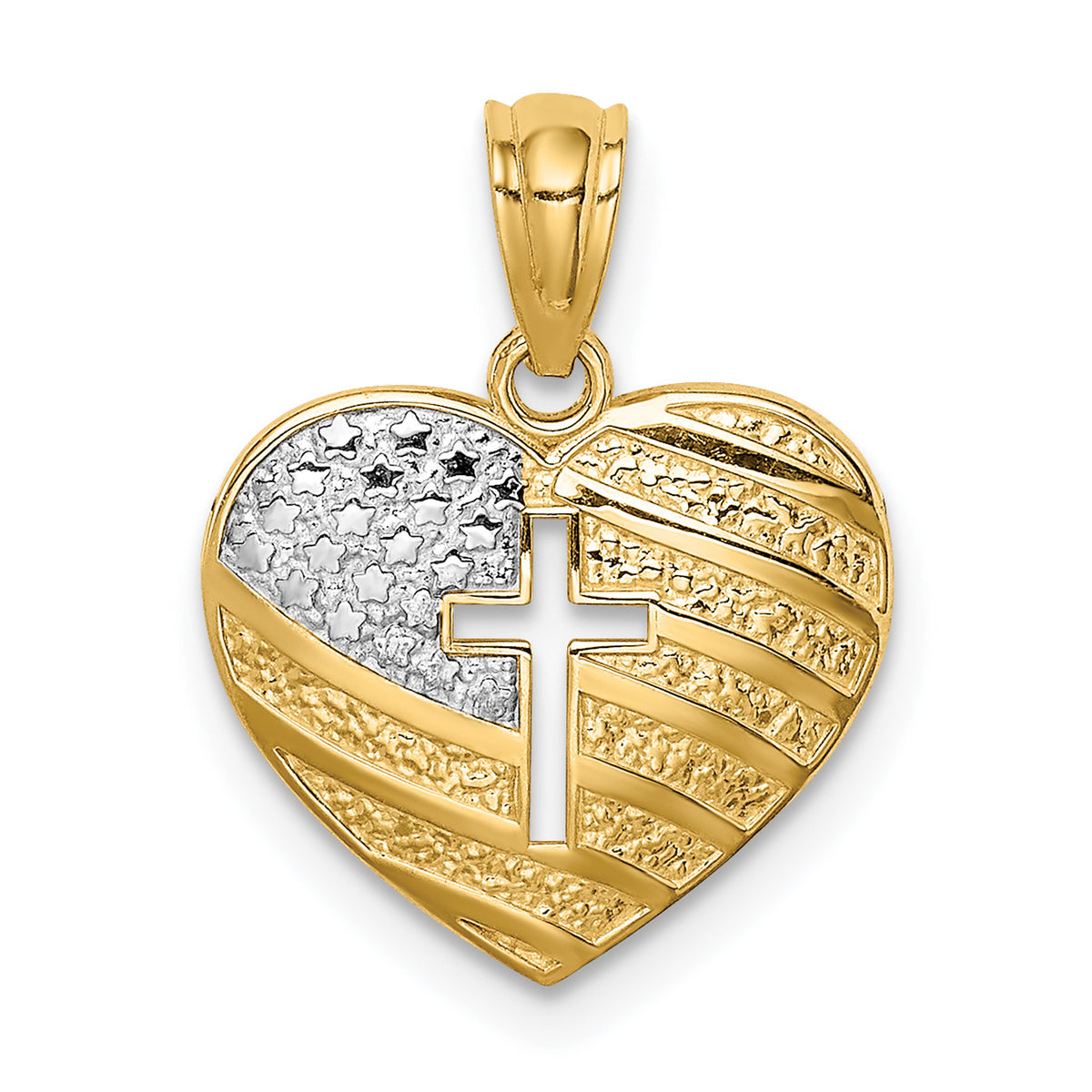 14K Two-Tone Gold Rhodium USA Flag Cross Heart Pendant Necklace S727
