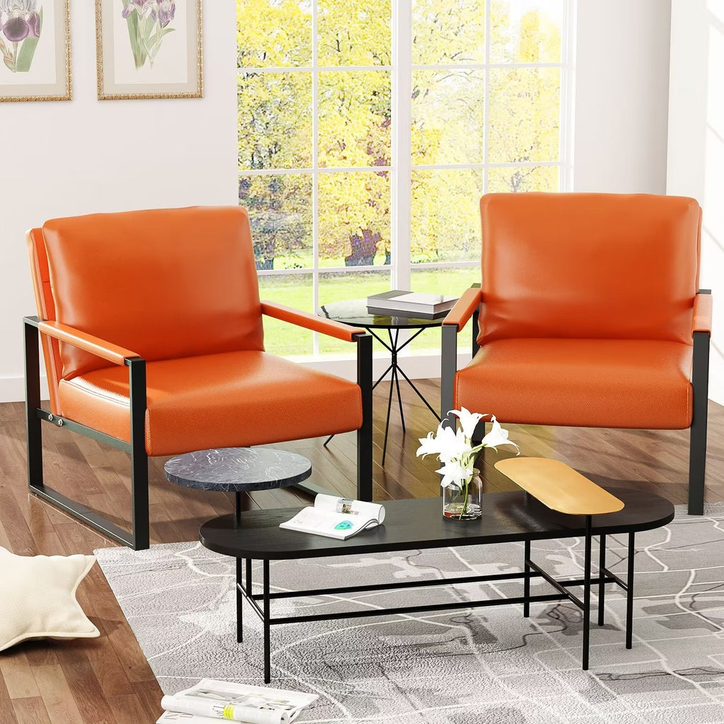 Set of 2 Orange PU Leather Armchairs with Steel Frame M40223