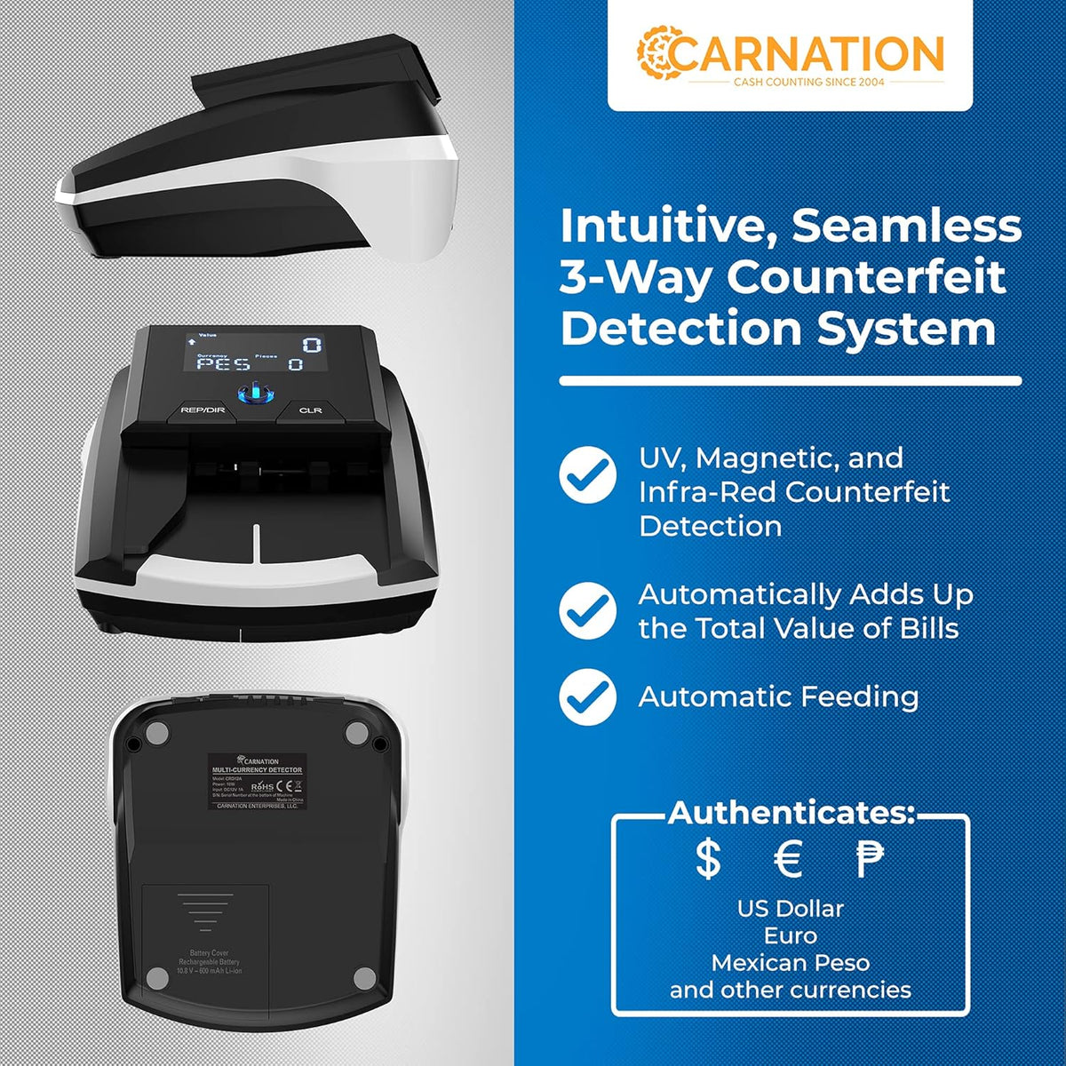 Automatic Counterfeit Bill Detector with Ultraviolet, Magnetic Ink, IR Technology L713601
