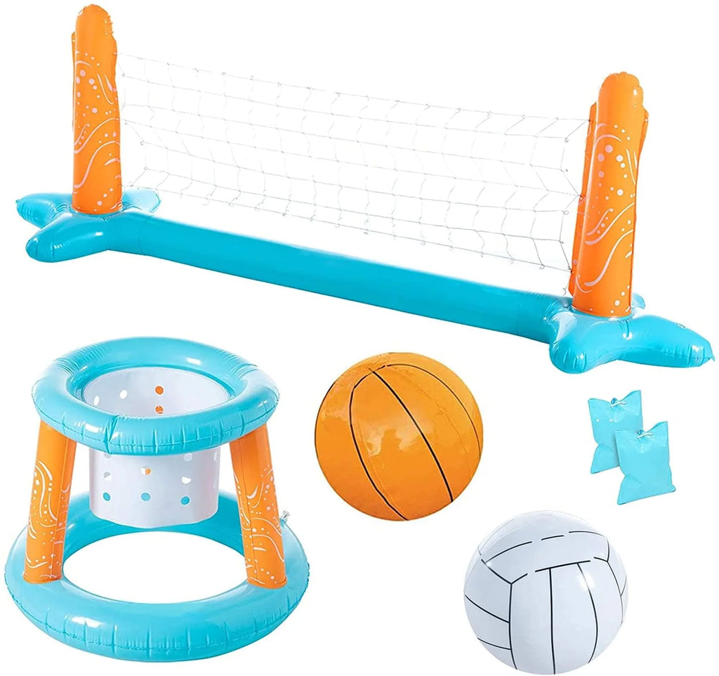 2-in-1 Floating Pool Volleyball Set & Basketball Hoop with Net, Weight Bags, Inflatable, Light Blue A2056