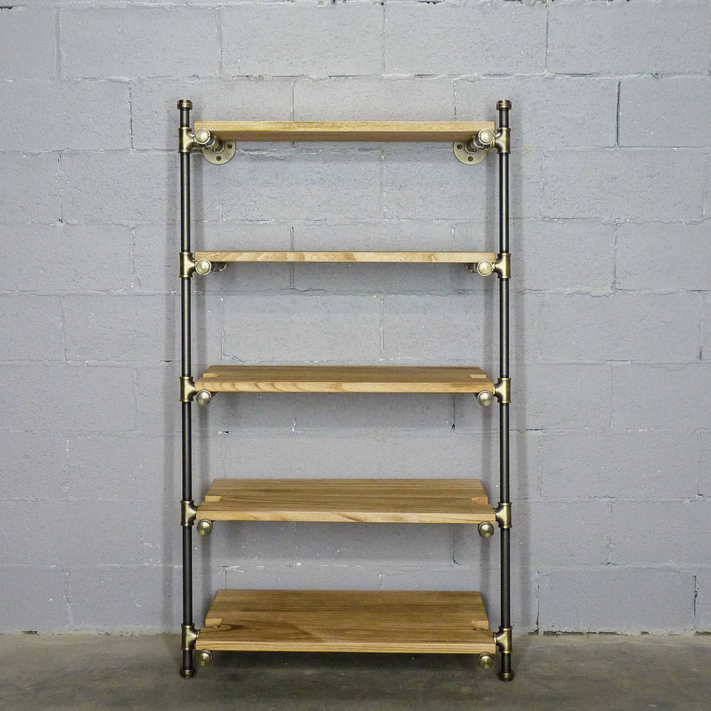 35-Inch Leaning Bookcase Brass Gray Metals with Natural Wood E5037