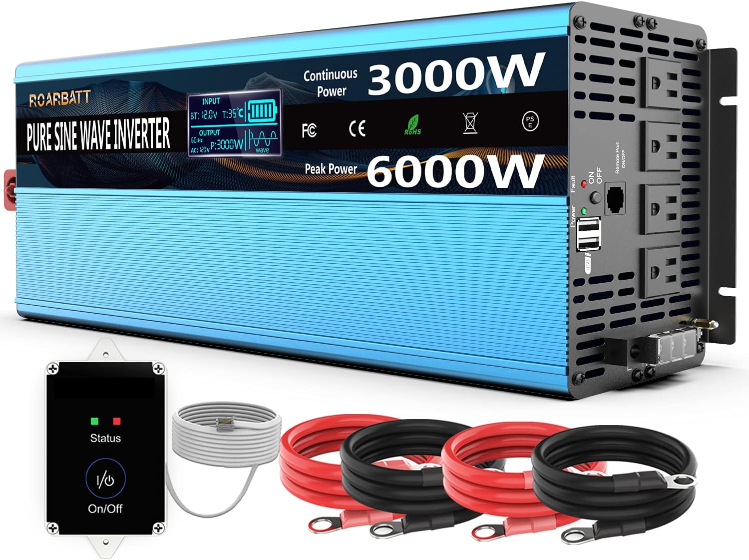 Pure Sine Wave Power Inverter 3000Watt 12V DC to AC 110V 120V with Remote Control 4 AC Outlets Dual USB Port G93921
