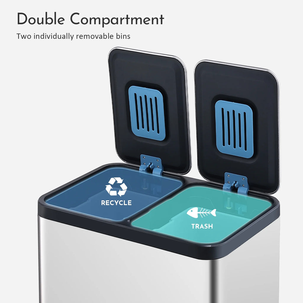 Dual Compartment Recycling Step Trash Can 13.2 Gallon Stainless Steel with 2 Removable Buckets and Lids T191508