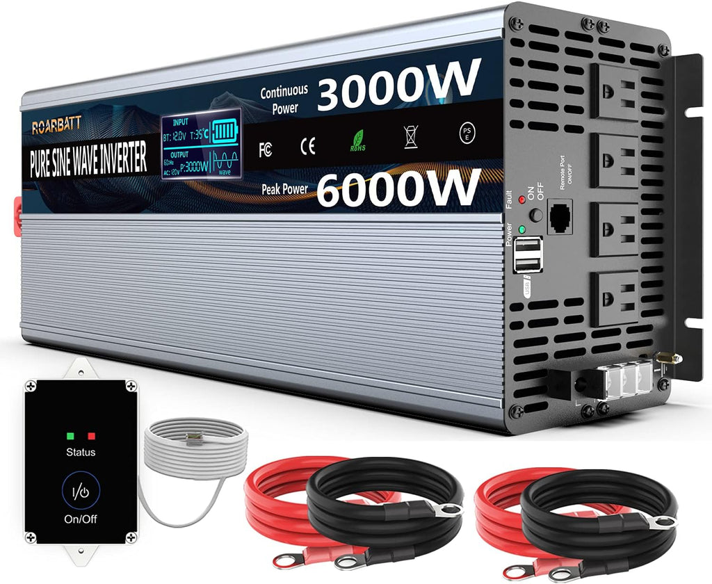 Pure Sine Wave Power Inverter 3000Watt 12V DC to AC 110V 120V with Remote Control 4 AC Outlets Dual USB Port G93921