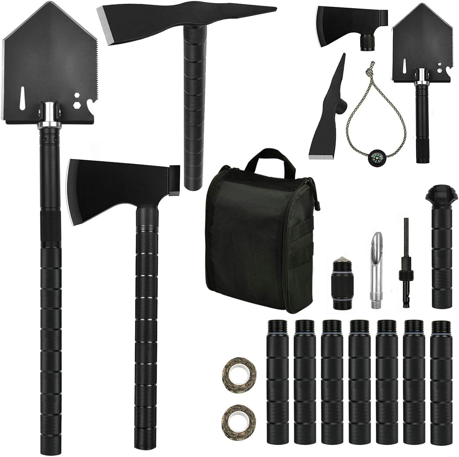 Survival Off-Roading Tool Kit Folding Shovel Camping Axe Multitool Pickaxe with Carrying Bag Black E5996
