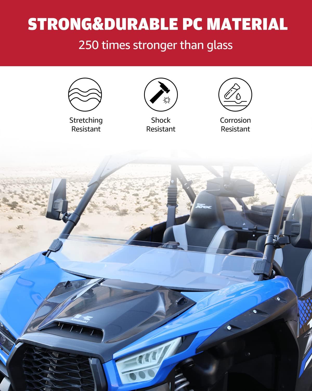 Front Half Windshield for Kawasaki Teryx KRX 1000, Clear Hard Coated Vented Polycarbonate Windscreen J64557