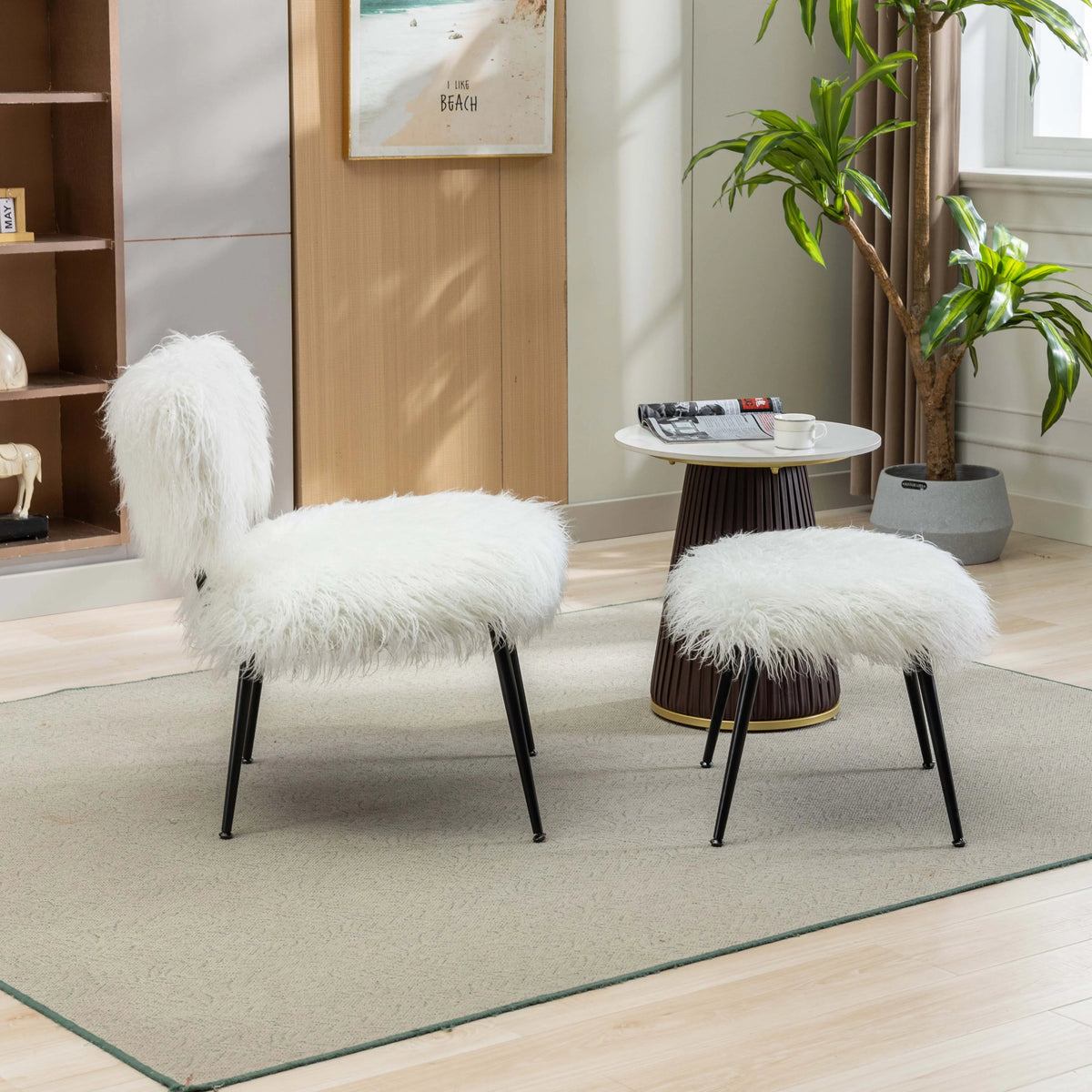 Ivory Faux Fur Plush Accent Chair With Ottoman X729132