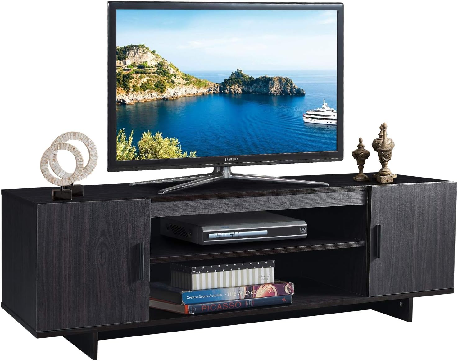 Brown Wood TV Stand with 2 Storage Cabinets & Open Shelves A12766