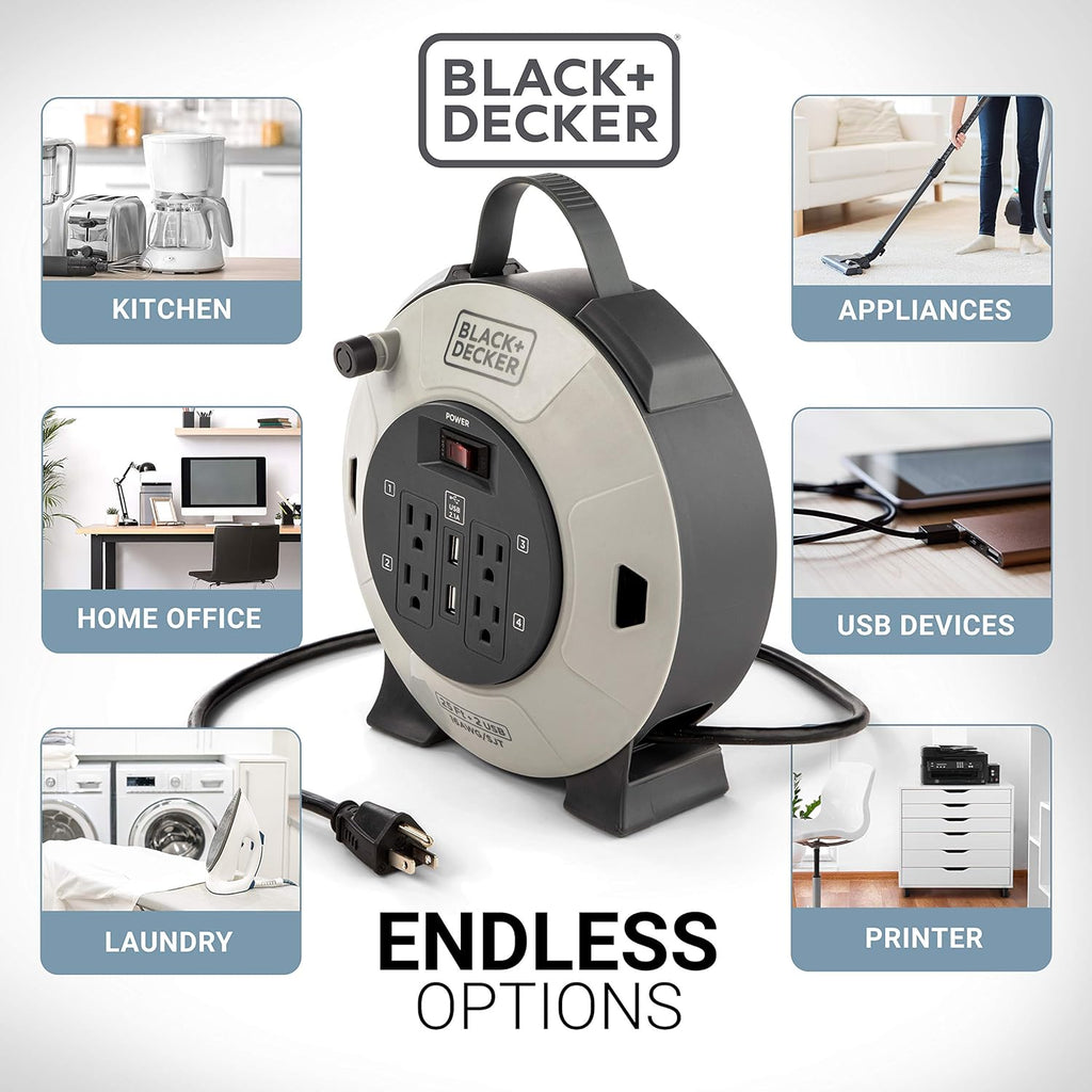 Retractable Extension Cord, 25 ft, 4 Outlets, 2 USB Ports, 16AWG SJT Cable D381621
