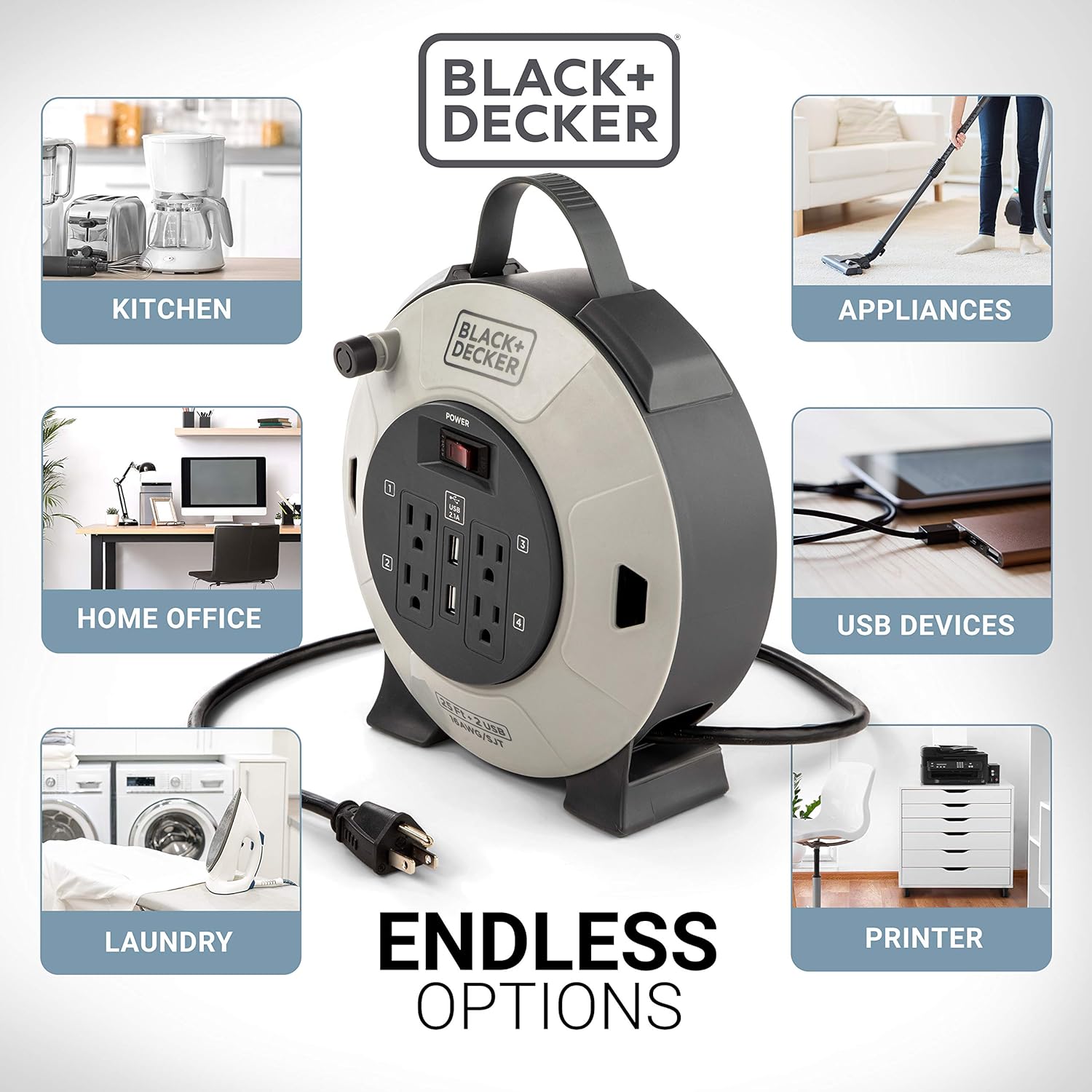 Retractable Extension Cord, 25 ft, 4 Outlets, 2 USB Ports, 16AWG SJT Cable D381621
