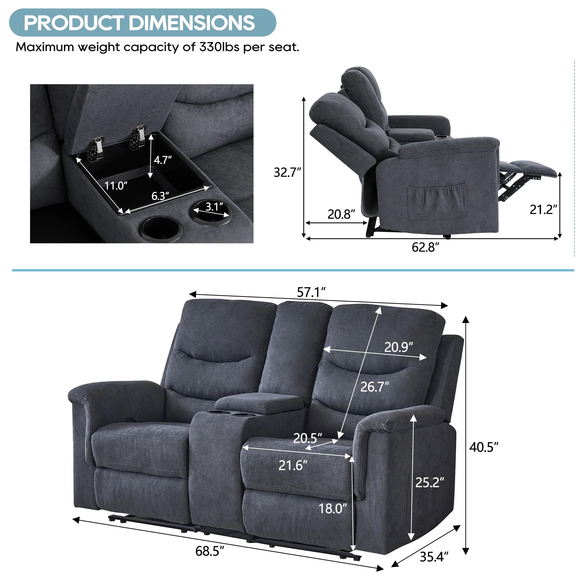 Grey Double Recliner Loveseat with Console and Cup Holder K889649