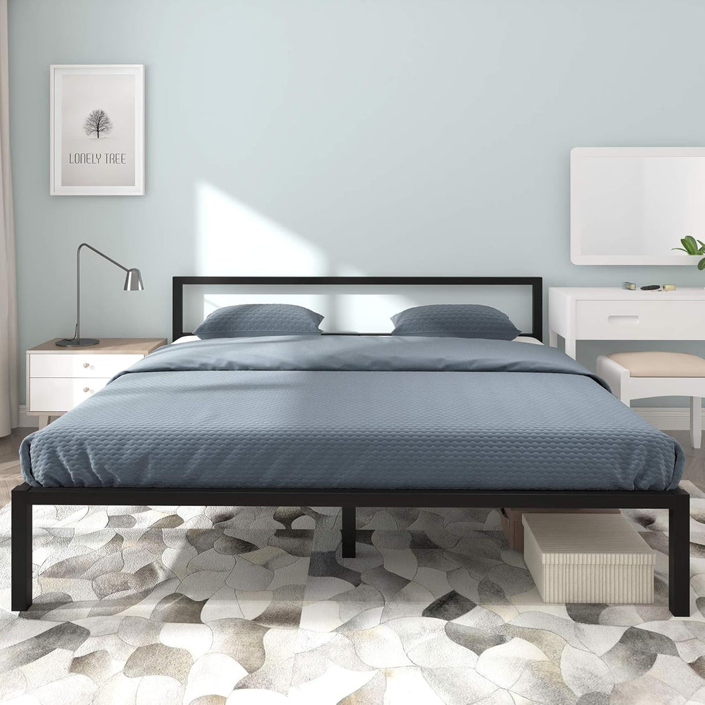 Full Size Black Metal Platform Bed Frame with Headboard S3223