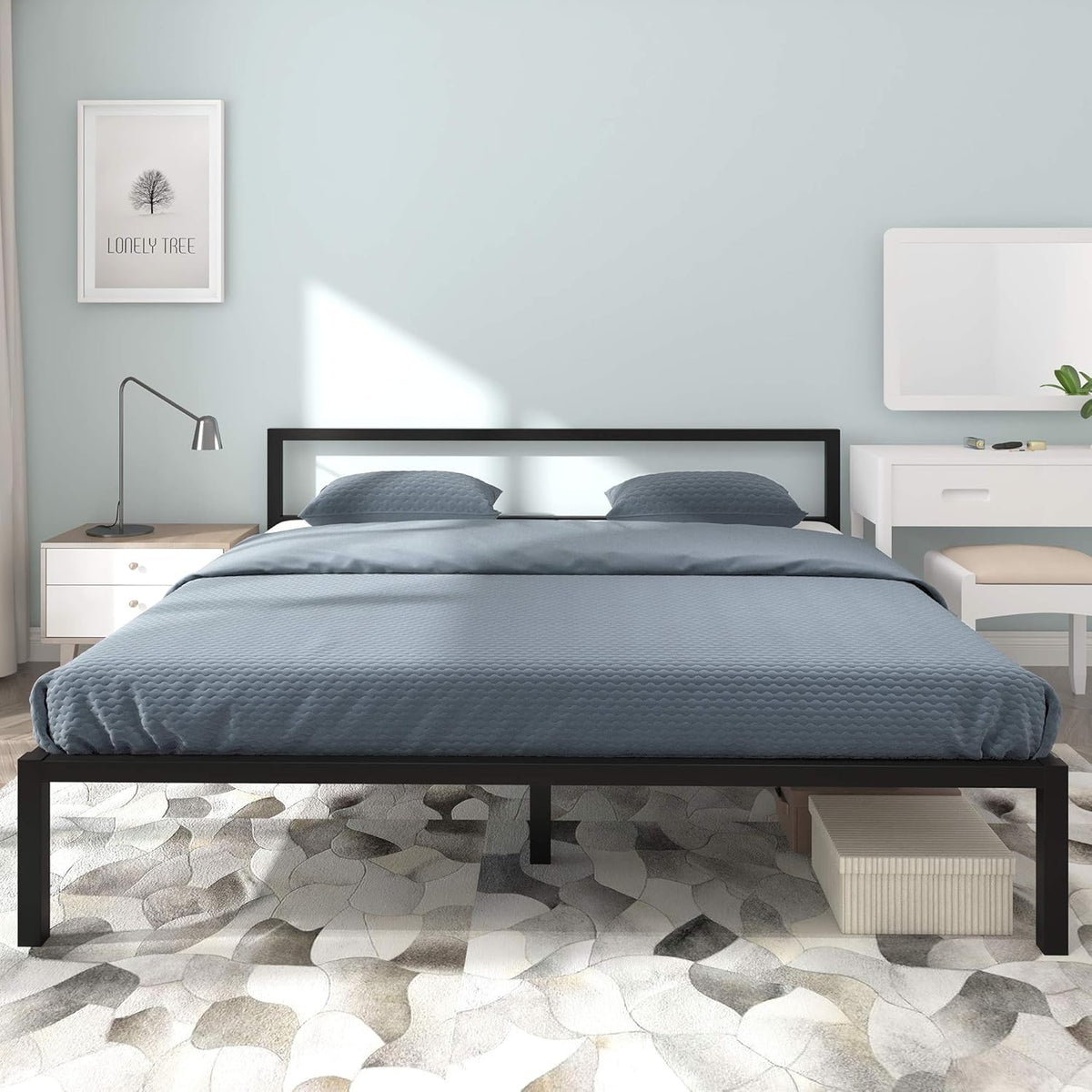 Full Size Black Metal Platform Bed Frame with Headboard S3223