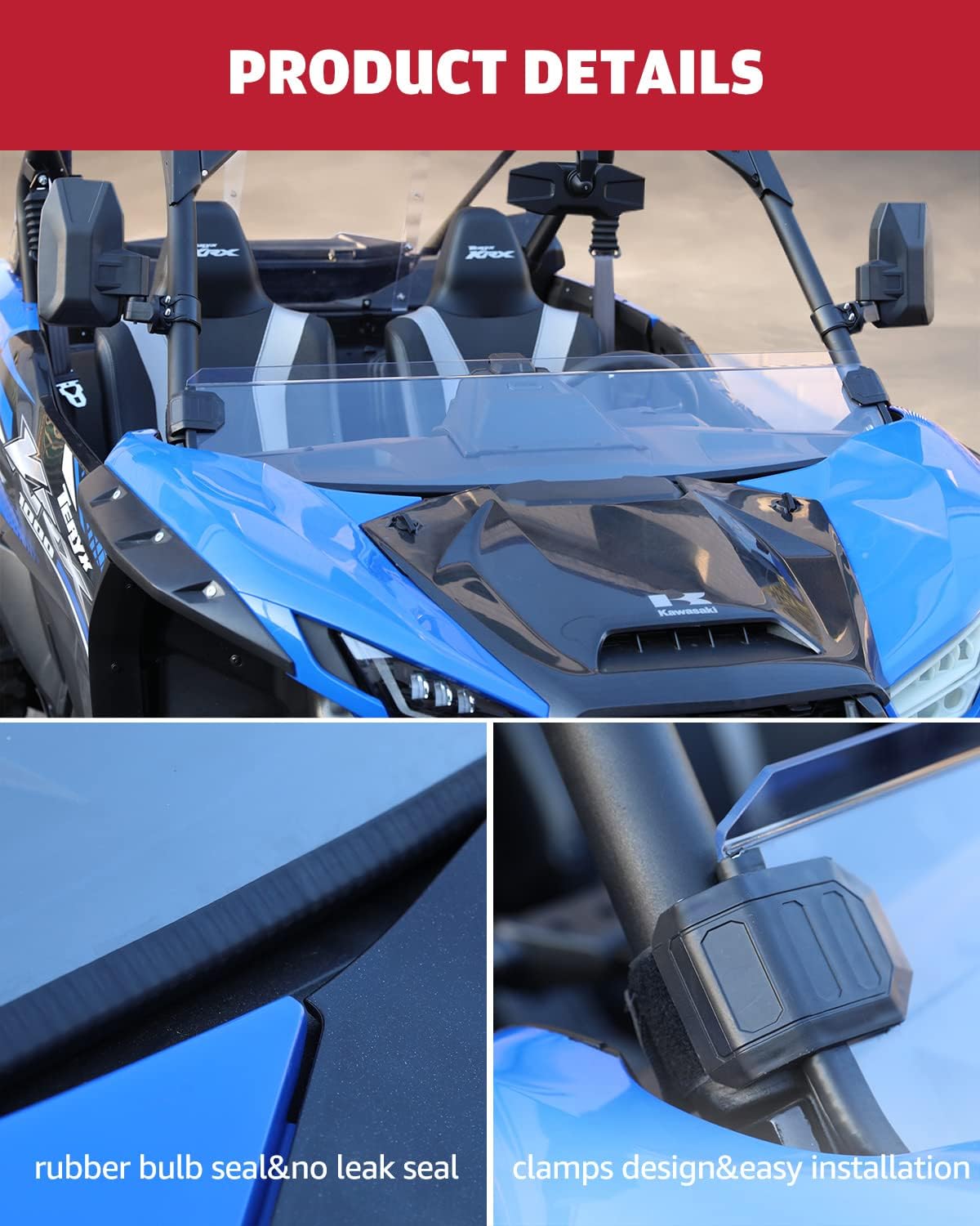 Front Half Windshield for Kawasaki Teryx KRX 1000, Clear Hard Coated Vented Polycarbonate Windscreen J64557