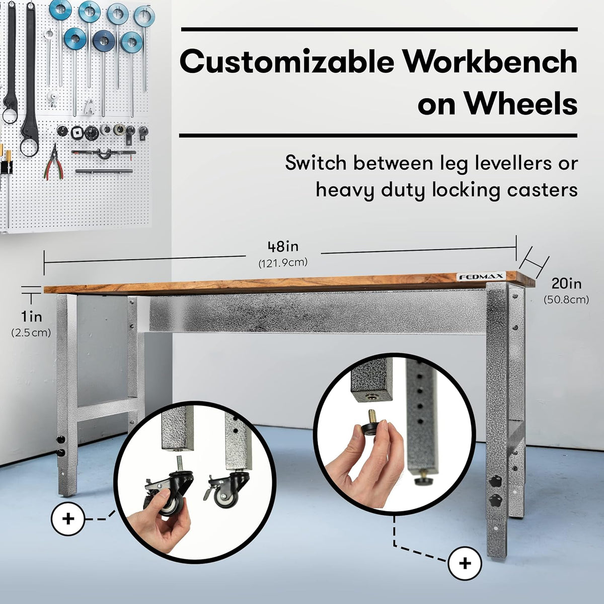48 Wide Rolling Metal Workbench with Acacia Top C8925