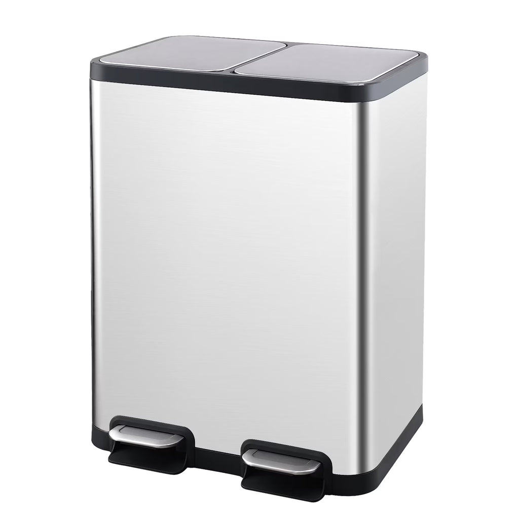 Dual Compartment Recycling Step Trash Can 13.2 Gallon Stainless Steel with 2 Removable Buckets and Lids T191508
