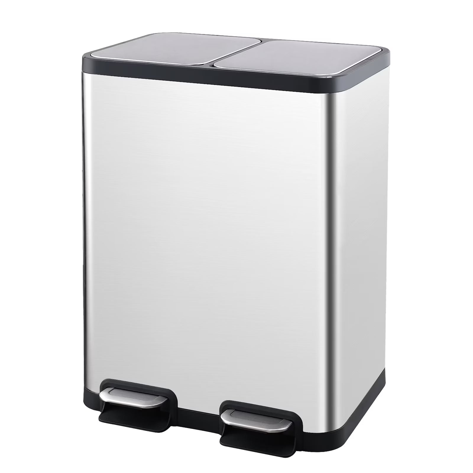 Dual Compartment Recycling Step Trash Can 13.2 Gallon Stainless Steel with 2 Removable Buckets and Lids T191508