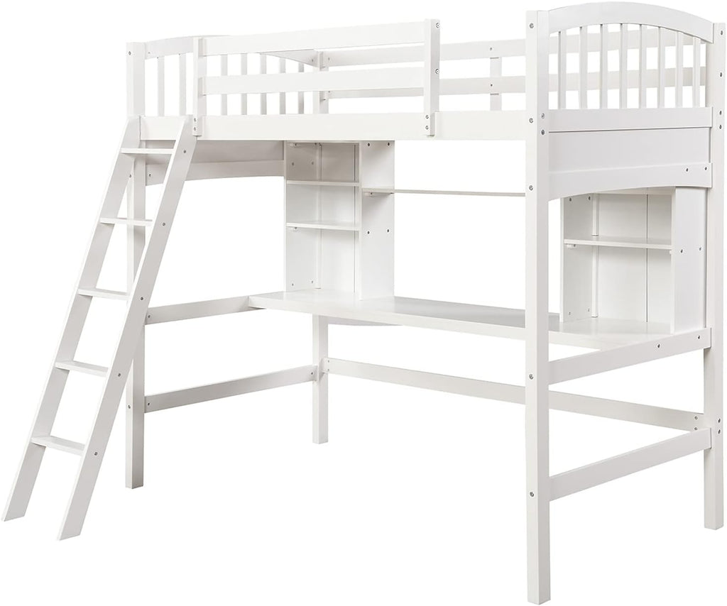 White Twin Wood Loft Bed with Desk and Bookcase Shelves H776928
