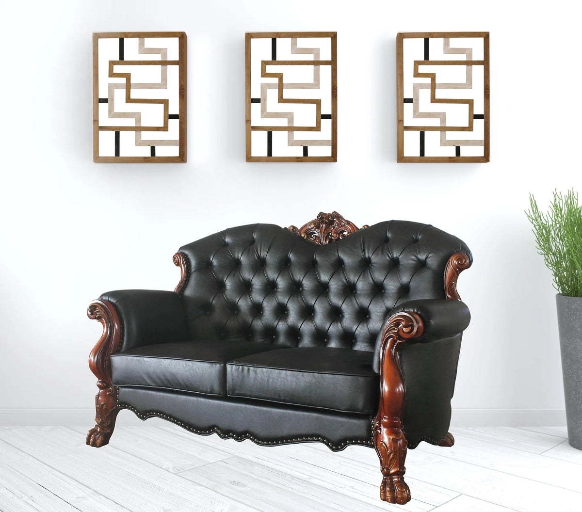 Black & Brown Faux Leather Love Seat with Toss Pillows G319