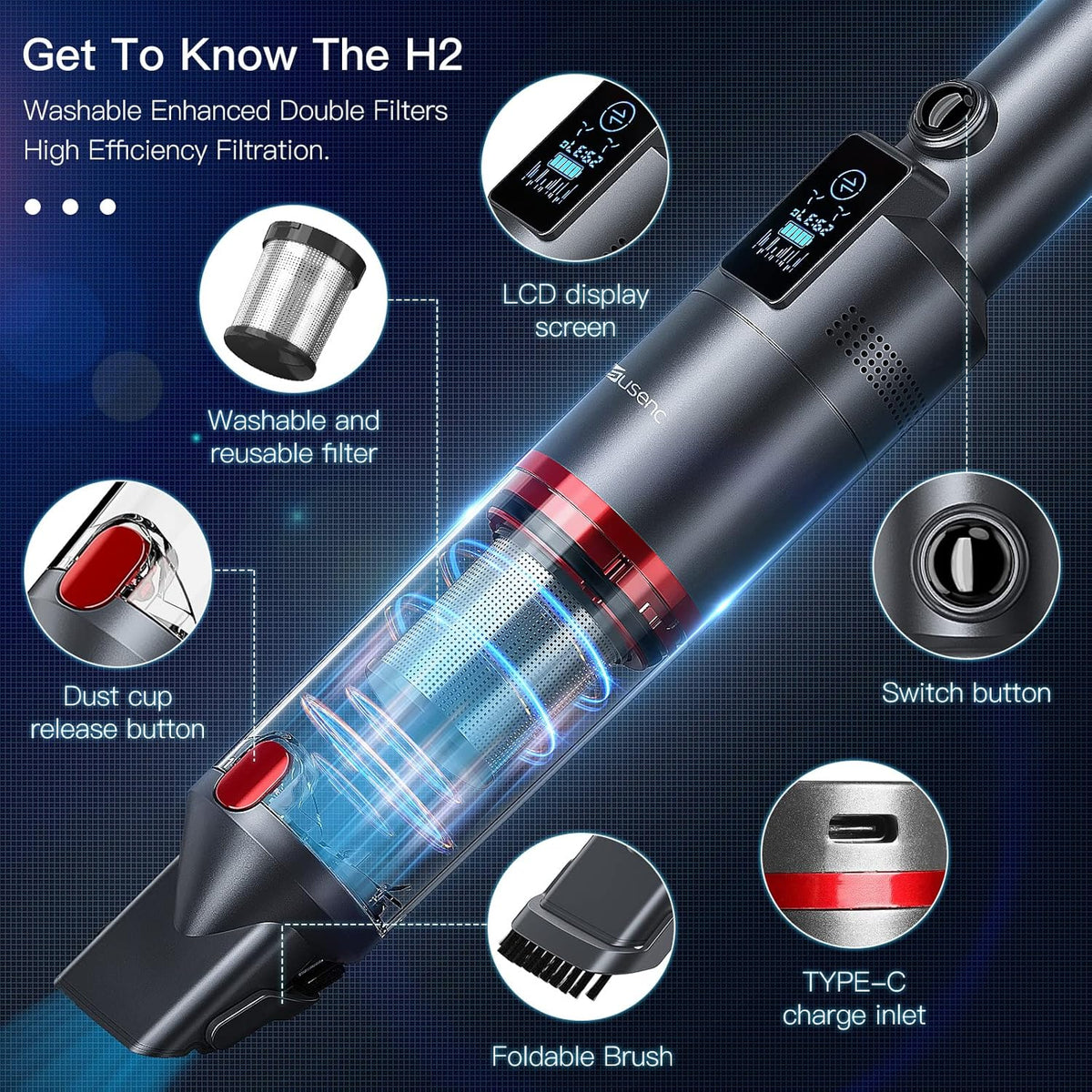 Handheld Cordless Vacuum, 15Kpa Suction, 30Min Run Time, 1.1 Pounds, LCD Display N746226
