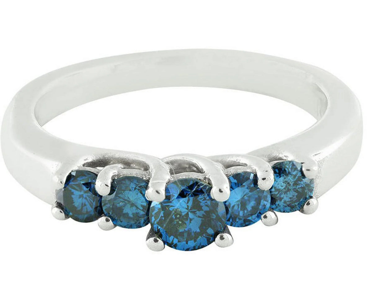 10K White Gold Treated Blue 5 Stone Diamond Engagement Ring 0.75ct-8 N94606